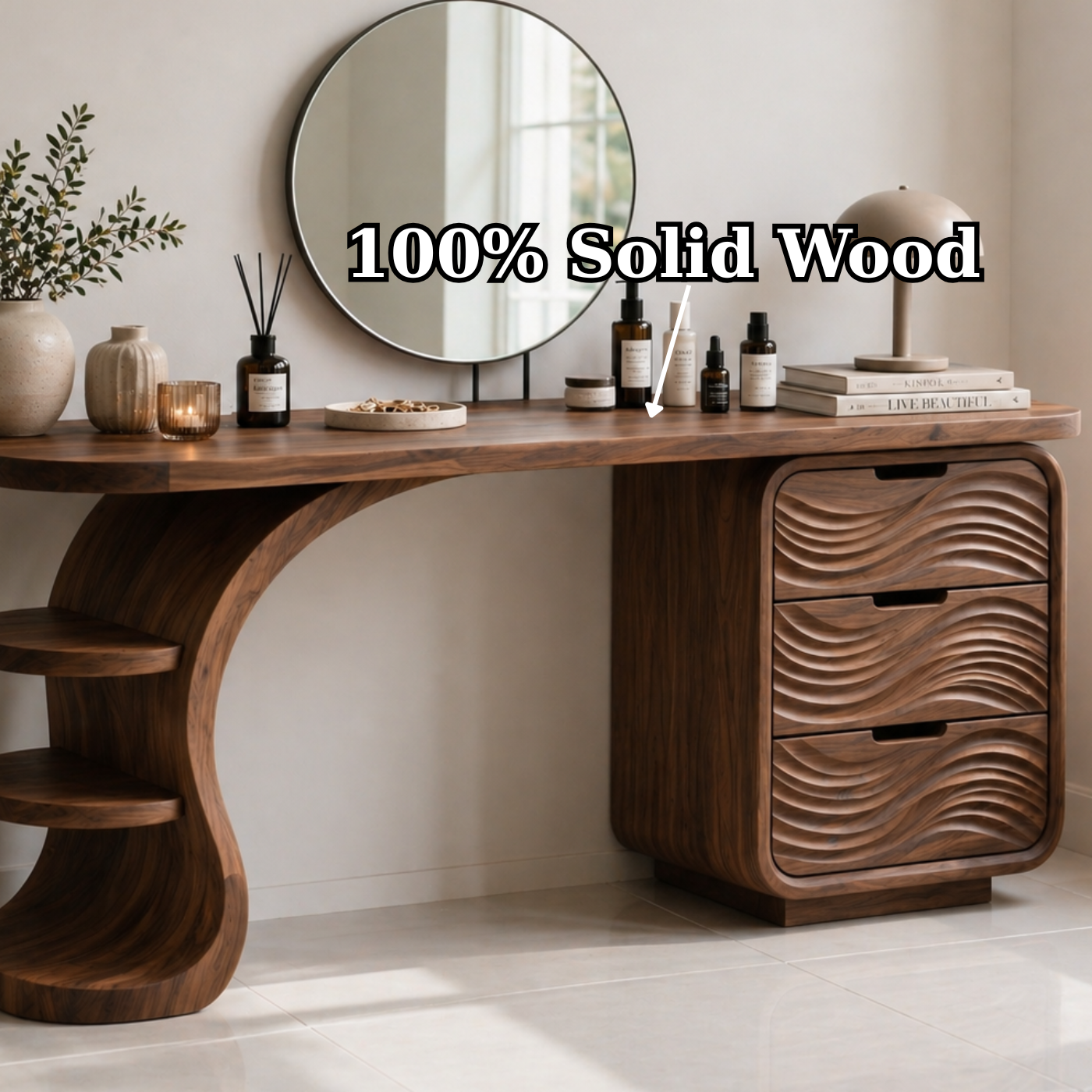 Solid Wood Makeup Vanity Desk with Wave Drawers and Curved Sculptural Base