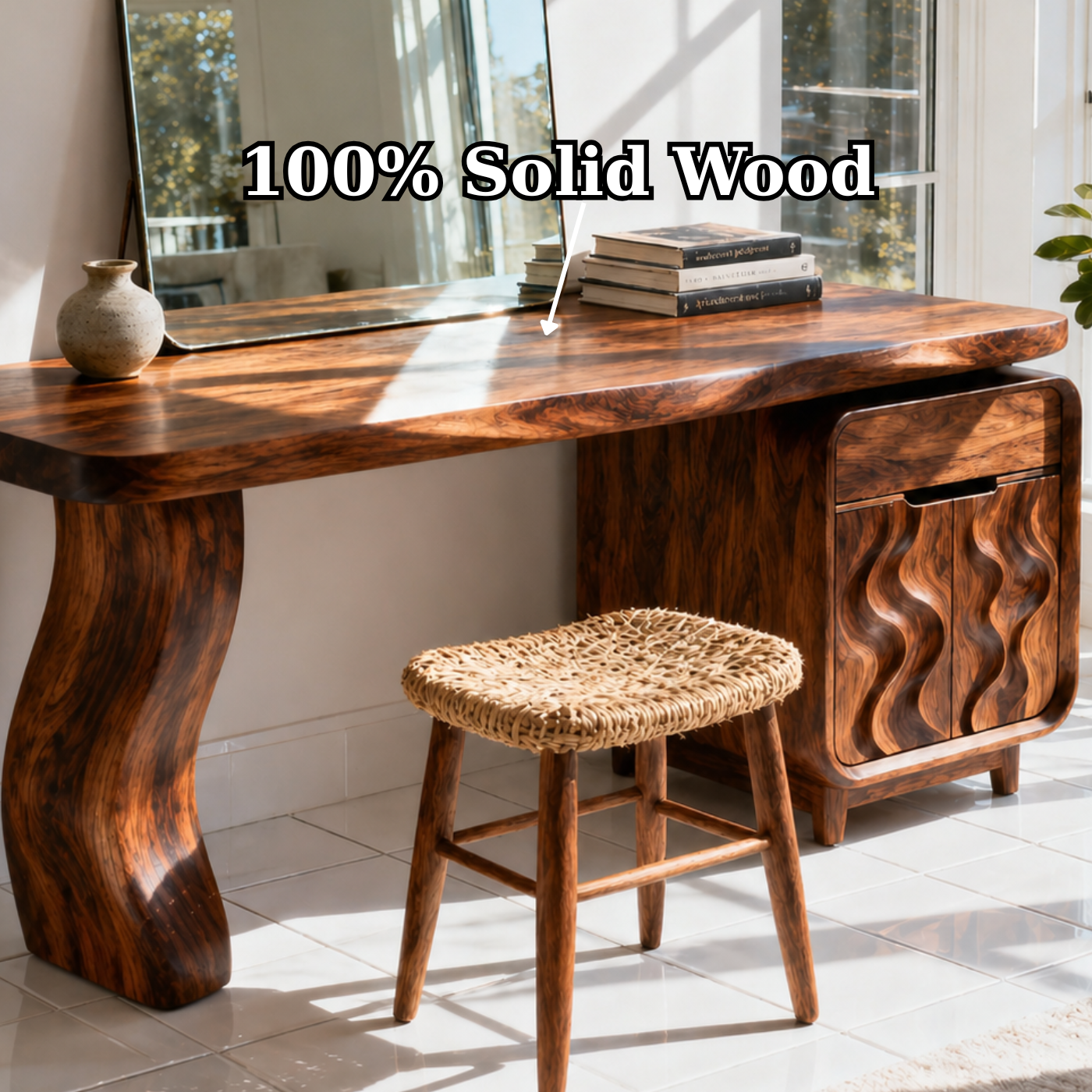 Solid Wood Makeup Vanity Desk with Sculptural Base and Wave Carved Cabinet