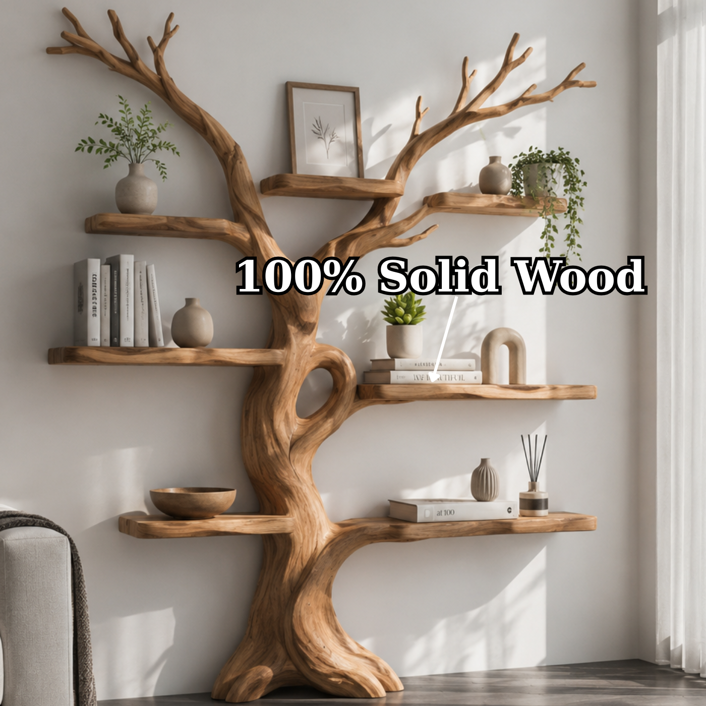 Handcrafted Solid Wood Tree Bookshelf with Asymmetrical Floating Shelves