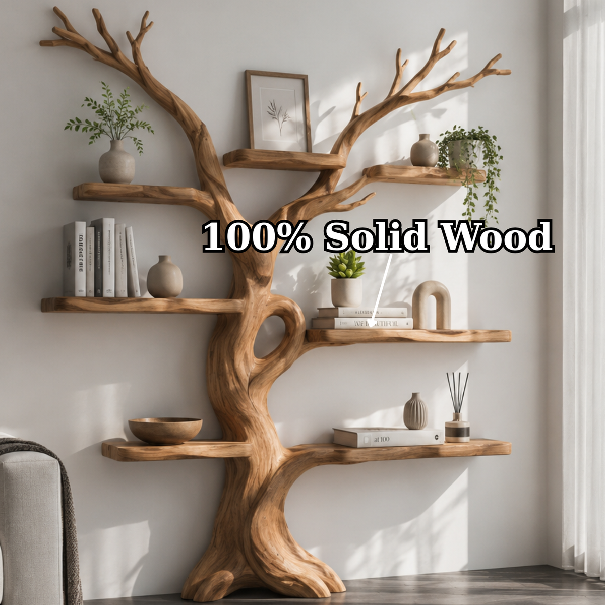 Handcrafted Solid Wood Tree Bookshelf with Asymmetrical Floating Shelves