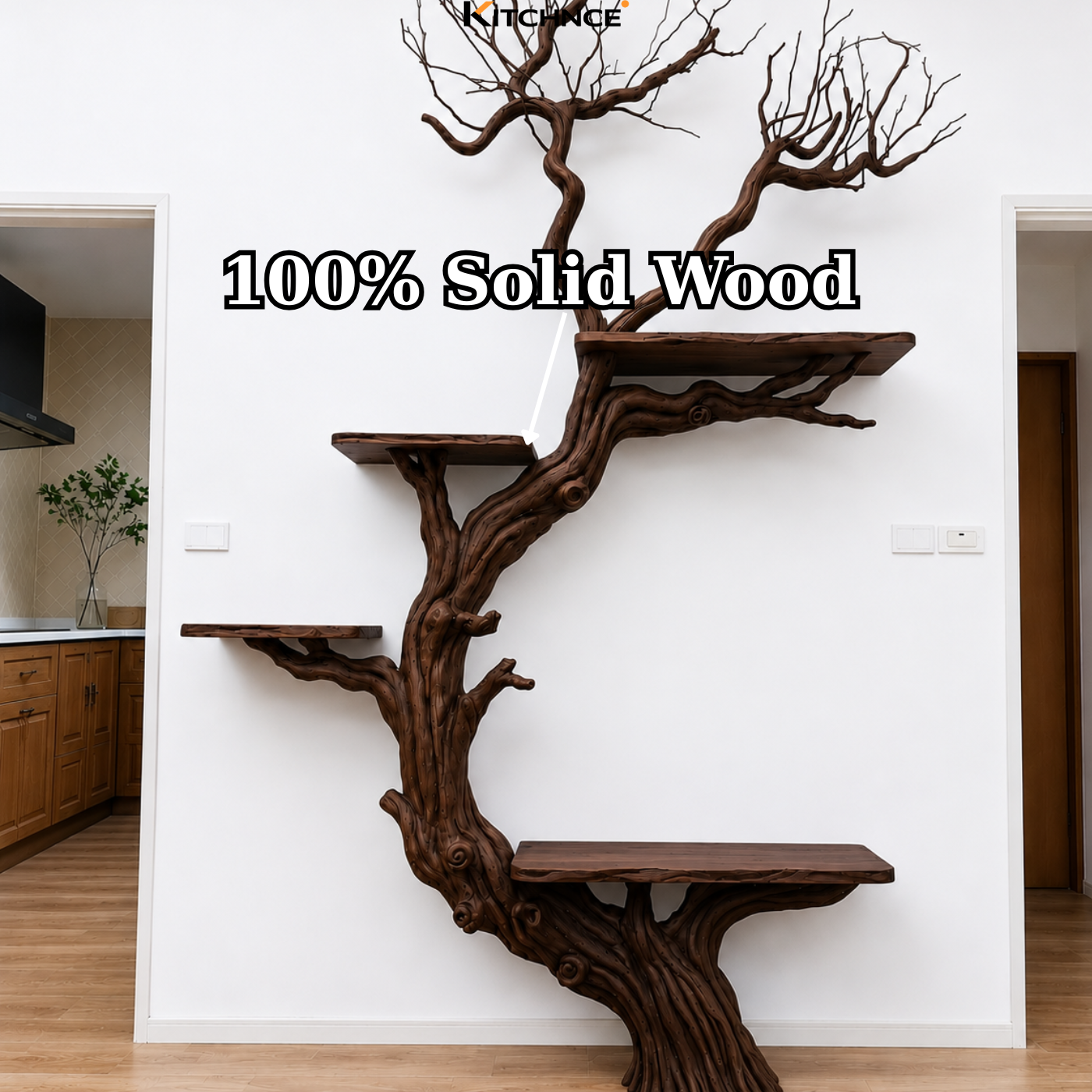 Handcrafted Solid Wood Tree Wall Shelf with Twisted Branch Design