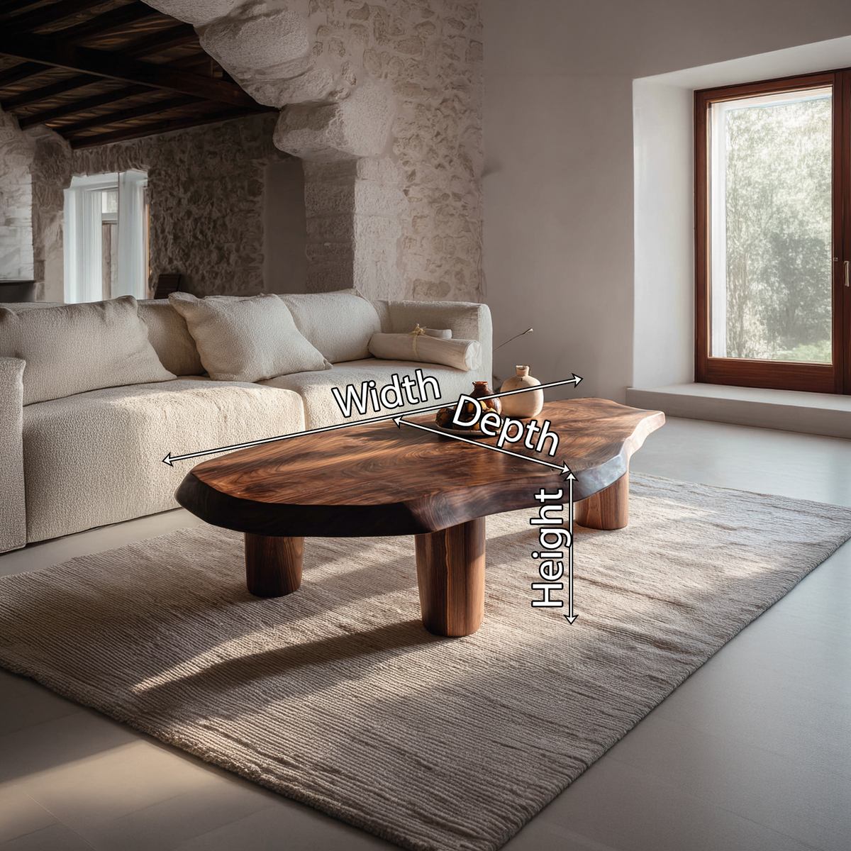 Live Edge Coffee Table with Organic Slab Top and Solid Round Legs
