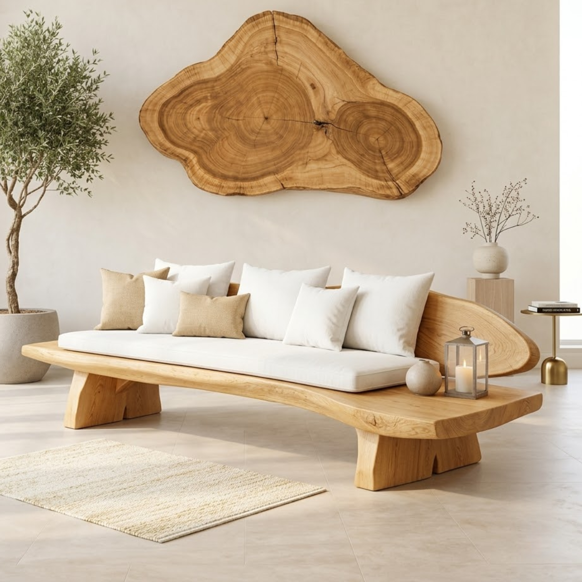 Organic Modern Wooden Sofa, Curved Minimalist Lounge Bench with Oversized Cushions