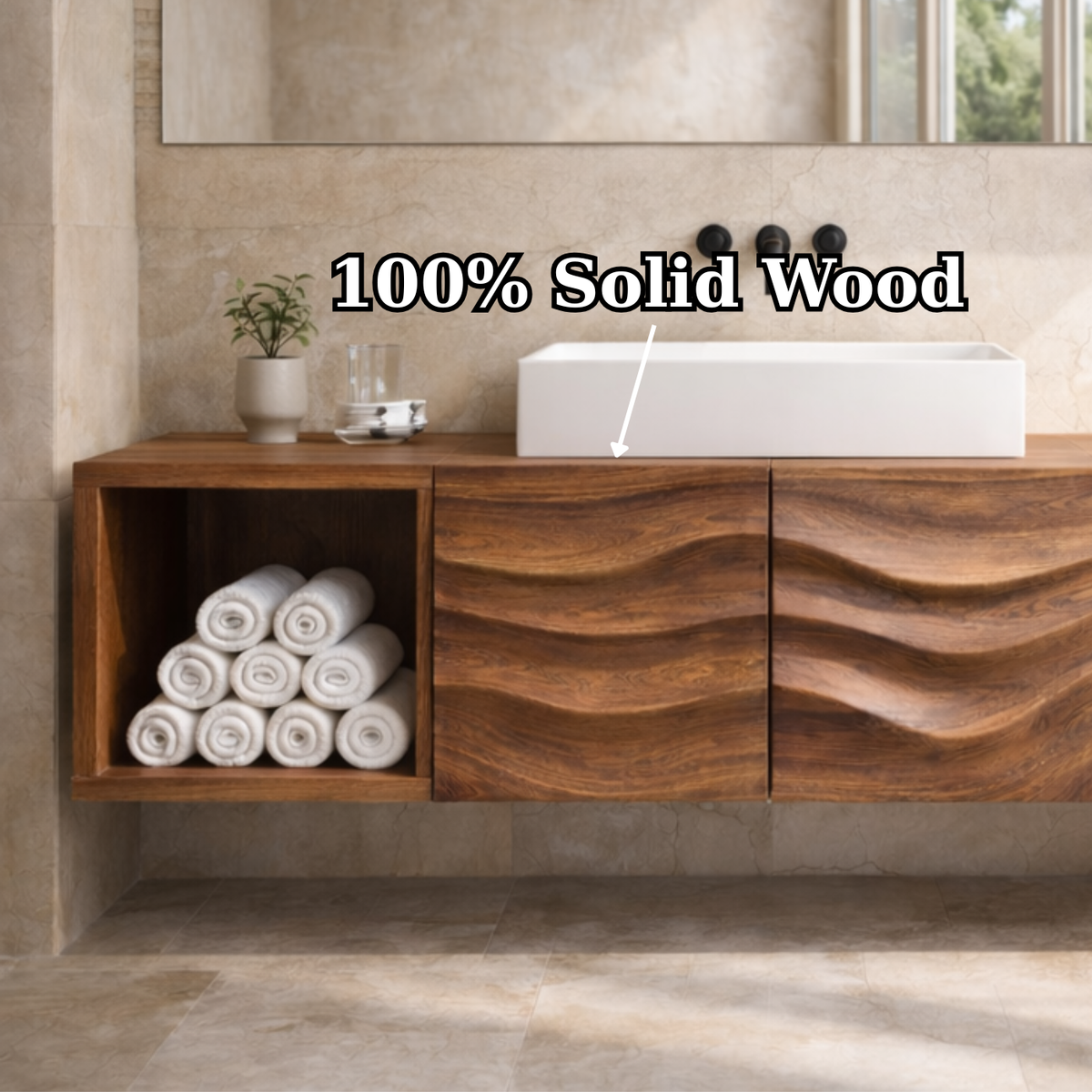 Floating Solid Wood Bathroom Vanity with Wave Textured Doors and Open Shelves