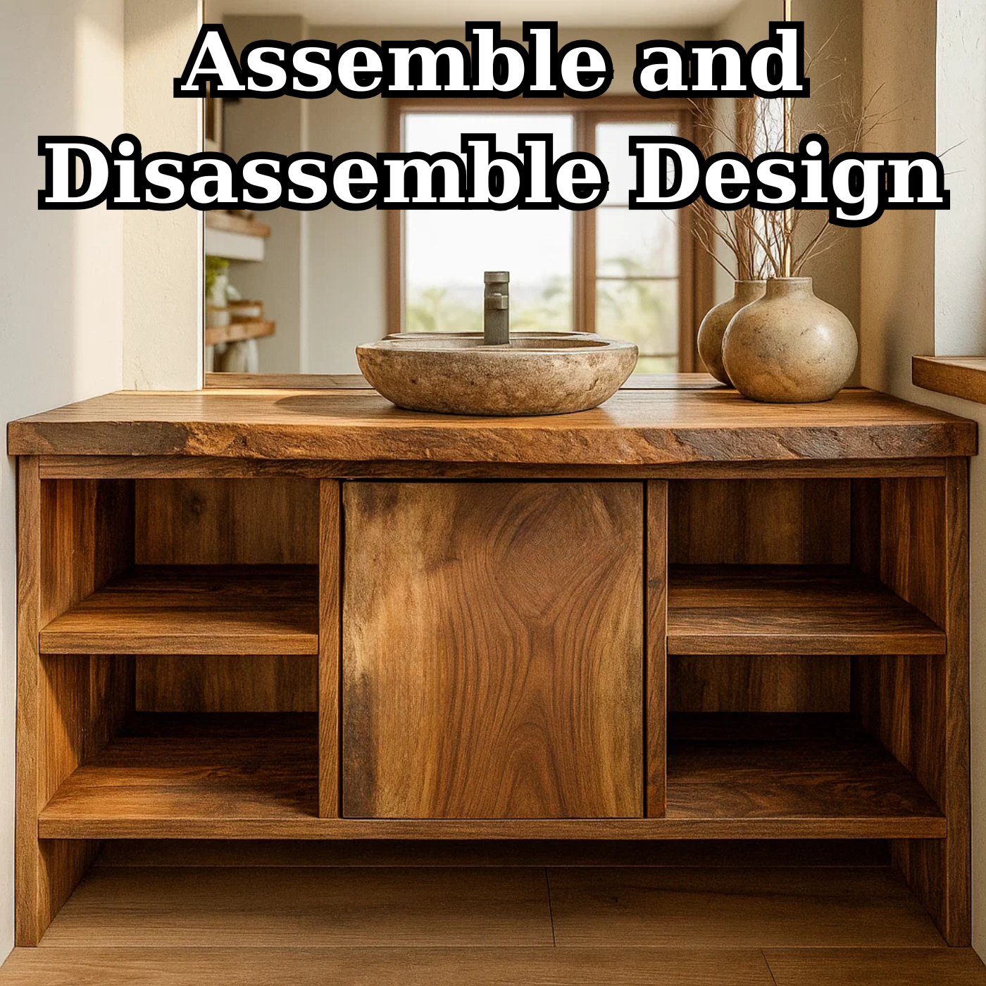 Handcrafted Solid Wood Bathroom Vanity with Central Sliding Door & Open Storage Shelves Kitchnce