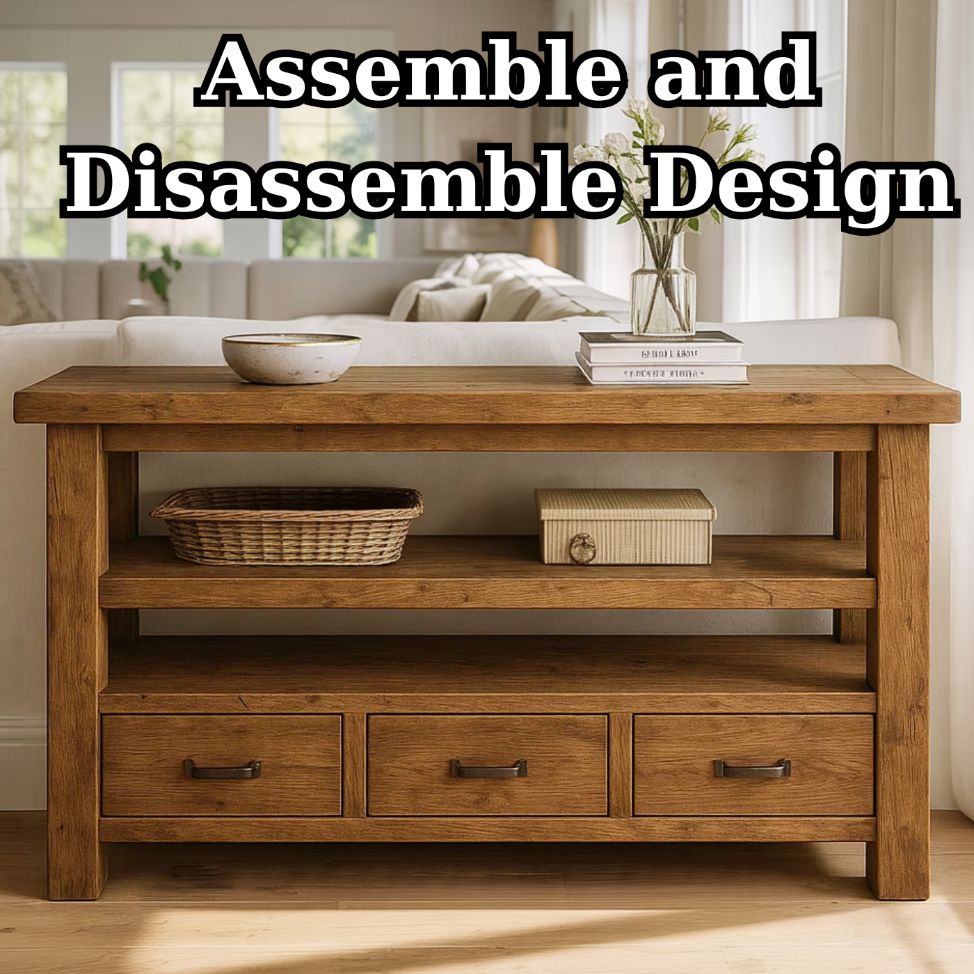 Handcrafted Solid Wood Console Table – Farmhouse Style with Three Storage Drawers Kitchnce