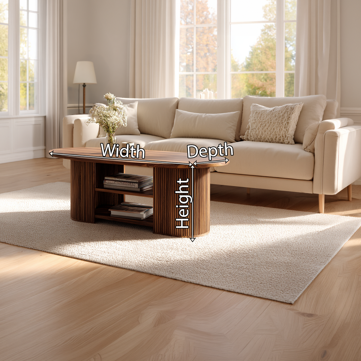 Oval Coffee Table with Fluted Base and Dual Shelf Storage