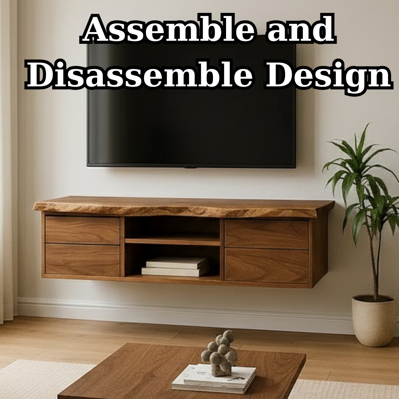 Handcrafted Solid Wood Floating TV - Live Edge Walnut, 4 Drawers & Open Shelf Kitchnce