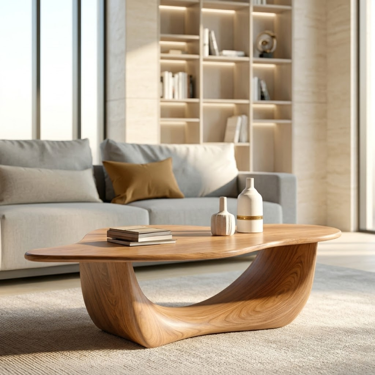 Organic Sculptural Coffee Table with Curved Base, Modern Living Room Centerpiece