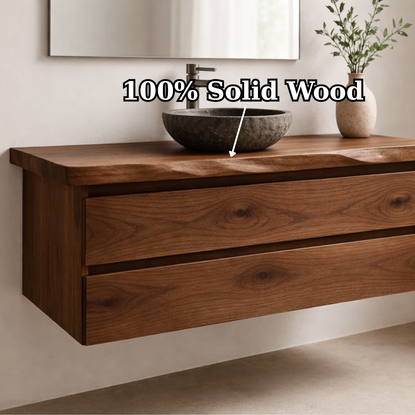 Floating Solid Wood Bathroom Vanity with Double Drawers – Modern Minimalist Wall Mounted Cabinet