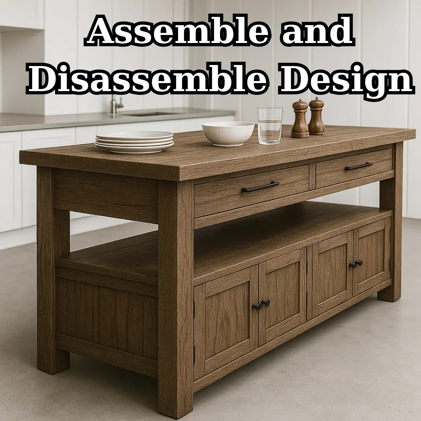 Handcrafted Solid Wood Kitchen Island - Long Design, Drawers & Cabinets Kitchnce