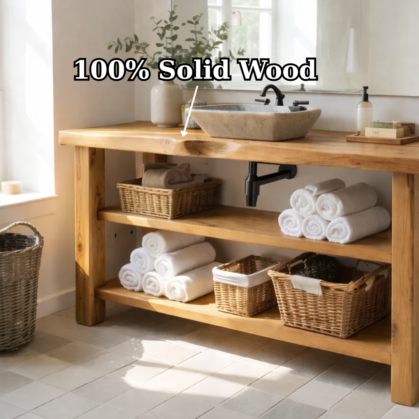 Solid Wood Console Bathroom Vanity with Open Shelves – Rustic Farmhouse Single Sink Vanity