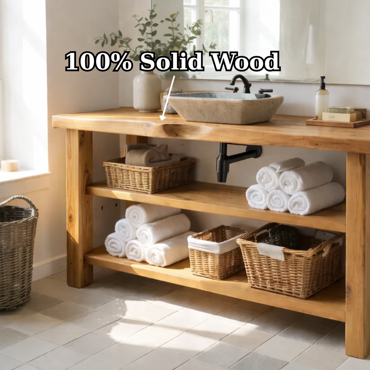 Solid Wood Console Bathroom Vanity with Open Shelves – Rustic Farmhouse Single Sink Vanity