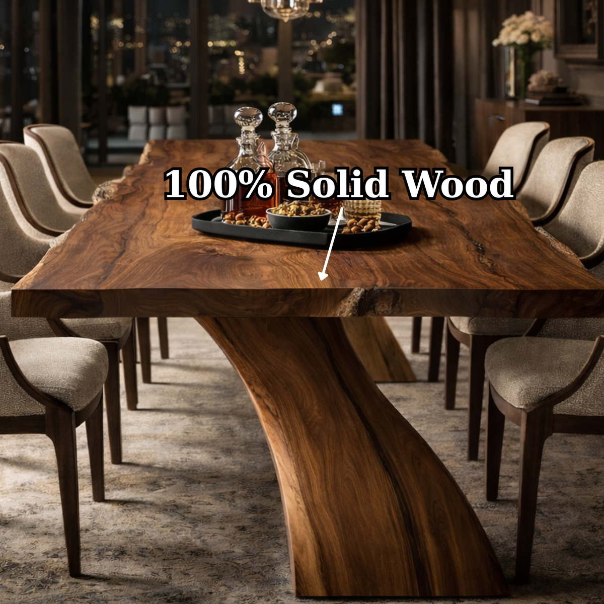 Live Edge Solid Wood Dining Table with Curved Base