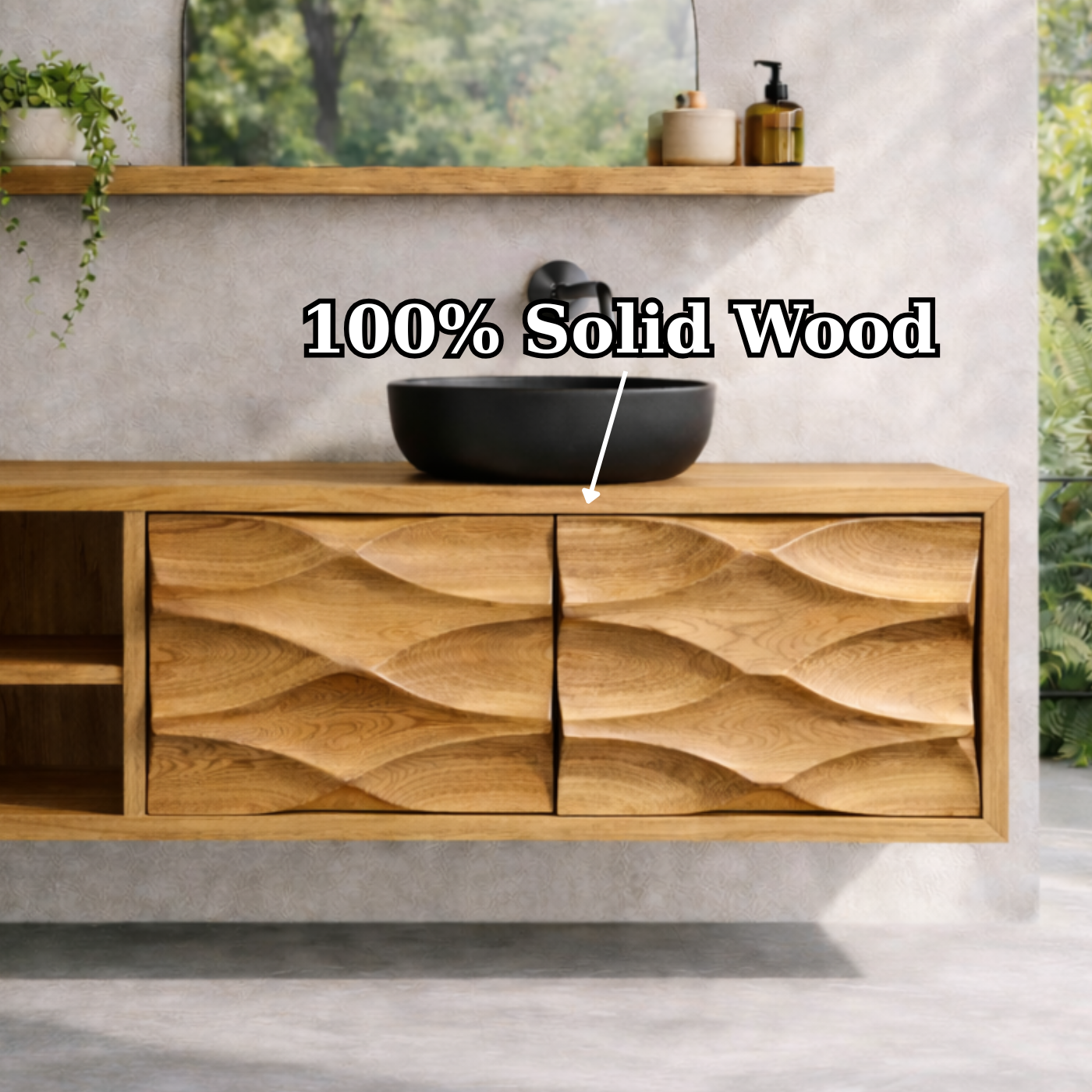 Floating Solid Wood Bathroom Vanity with Carved Double Doors and Open Shelf