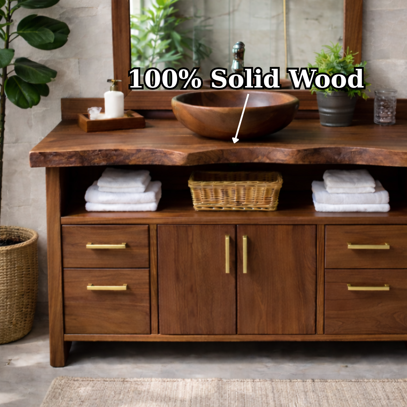 Live Edge Solid Wood Bathroom Vanity with Four Drawers, Double Cabinet Doors and Open Shelf Kitchnce
