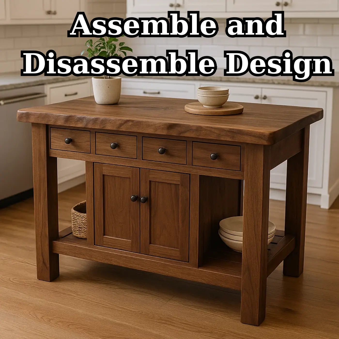 Handcrafted Solid Wood Kitchen Island - 4 Drawers & Cabinet Storage Kitchnce