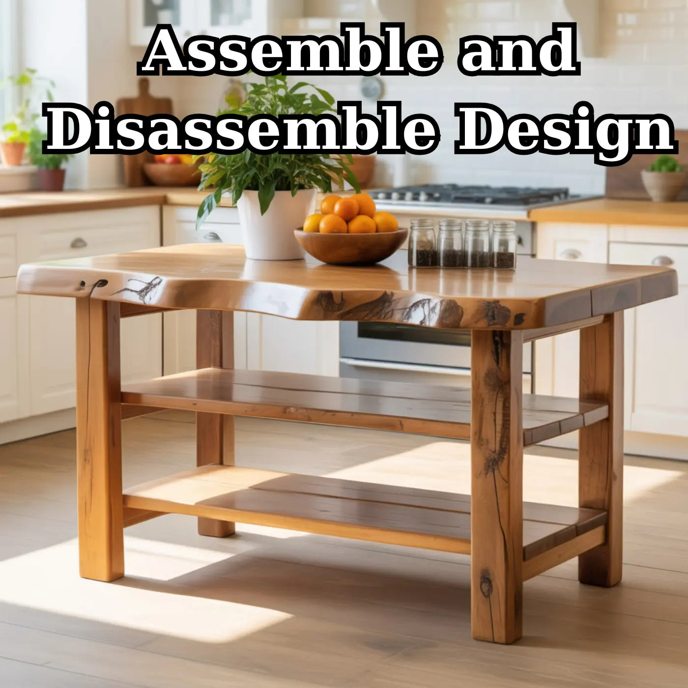 Handcrafted Solid Wood Kitchen Island - Natural Live-Edge Top & Open Shelving Kitchnce