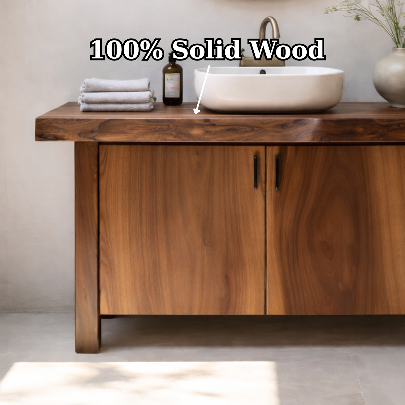 Solid Wood Bathroom Vanity with Slab Doors – Modern Organic Freestanding Single Sink Cabinet