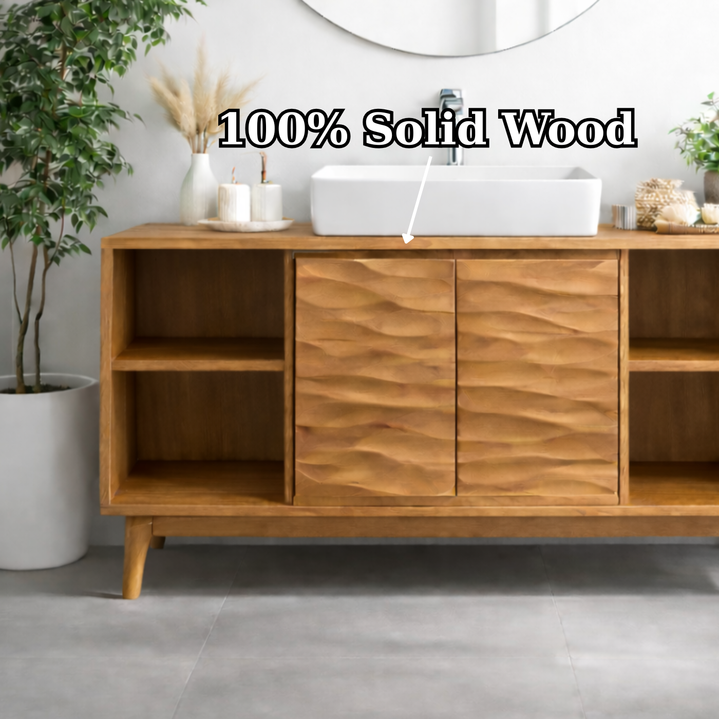 Mid-Century Solid Wood Bathroom Vanity with Textured Cabinet Doors and Open Shelving