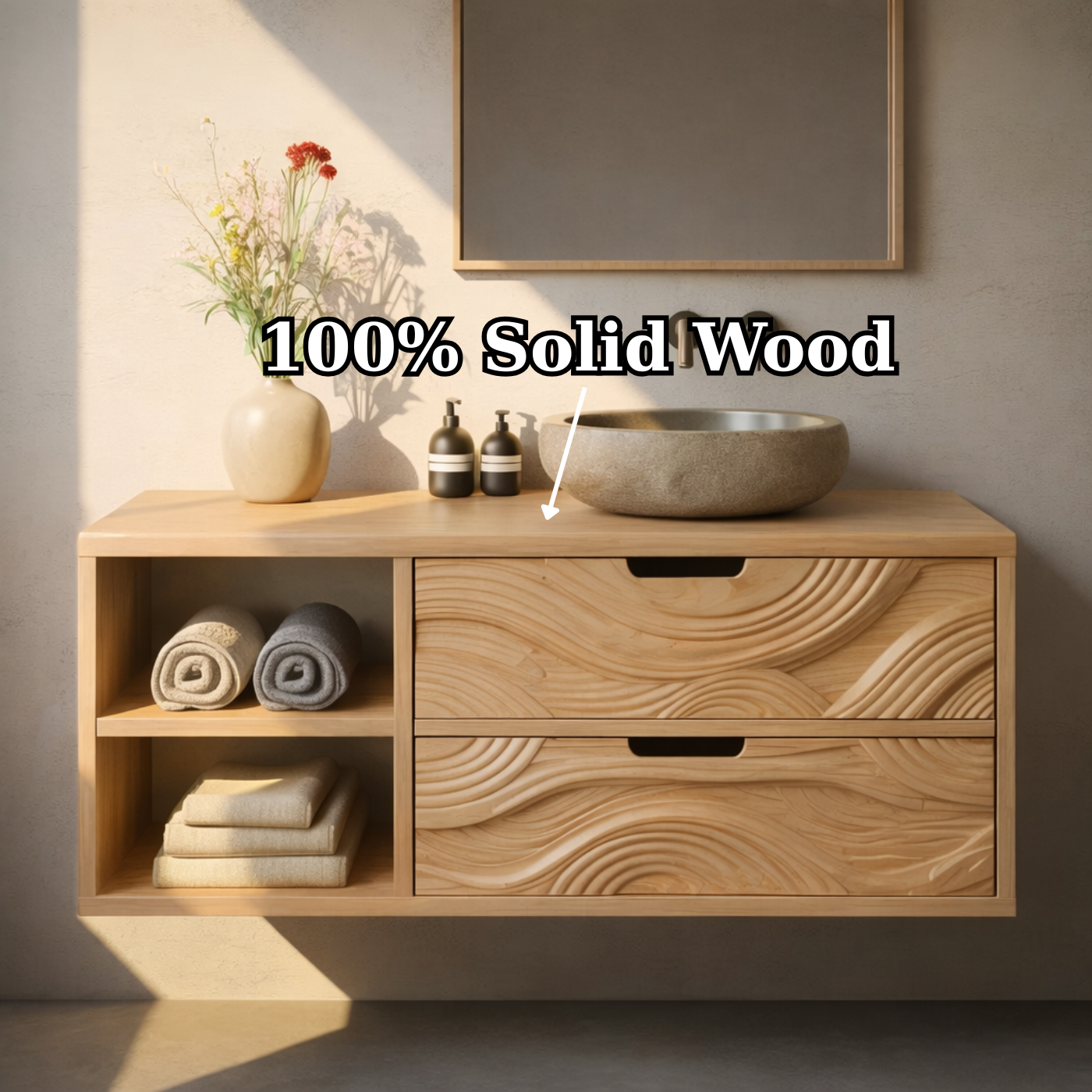 Floating Solid Wood Bathroom Vanity with Sculpted Wave Drawers and Open Shelf – Modern Organic Bathroom Cabinet Kitchnce