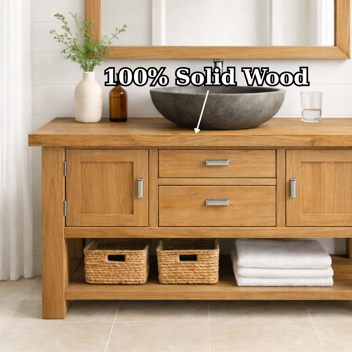 Timeless Solid Wood Bathroom Vanity with Double Side Cabinets, Center Drawers and Open Bottom Shelf