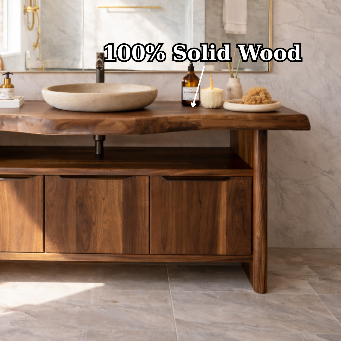 Live Edge Solid Wood Bathroom Vanity with Three Drawers and Open Shelf for Modern Luxury Bathrooms