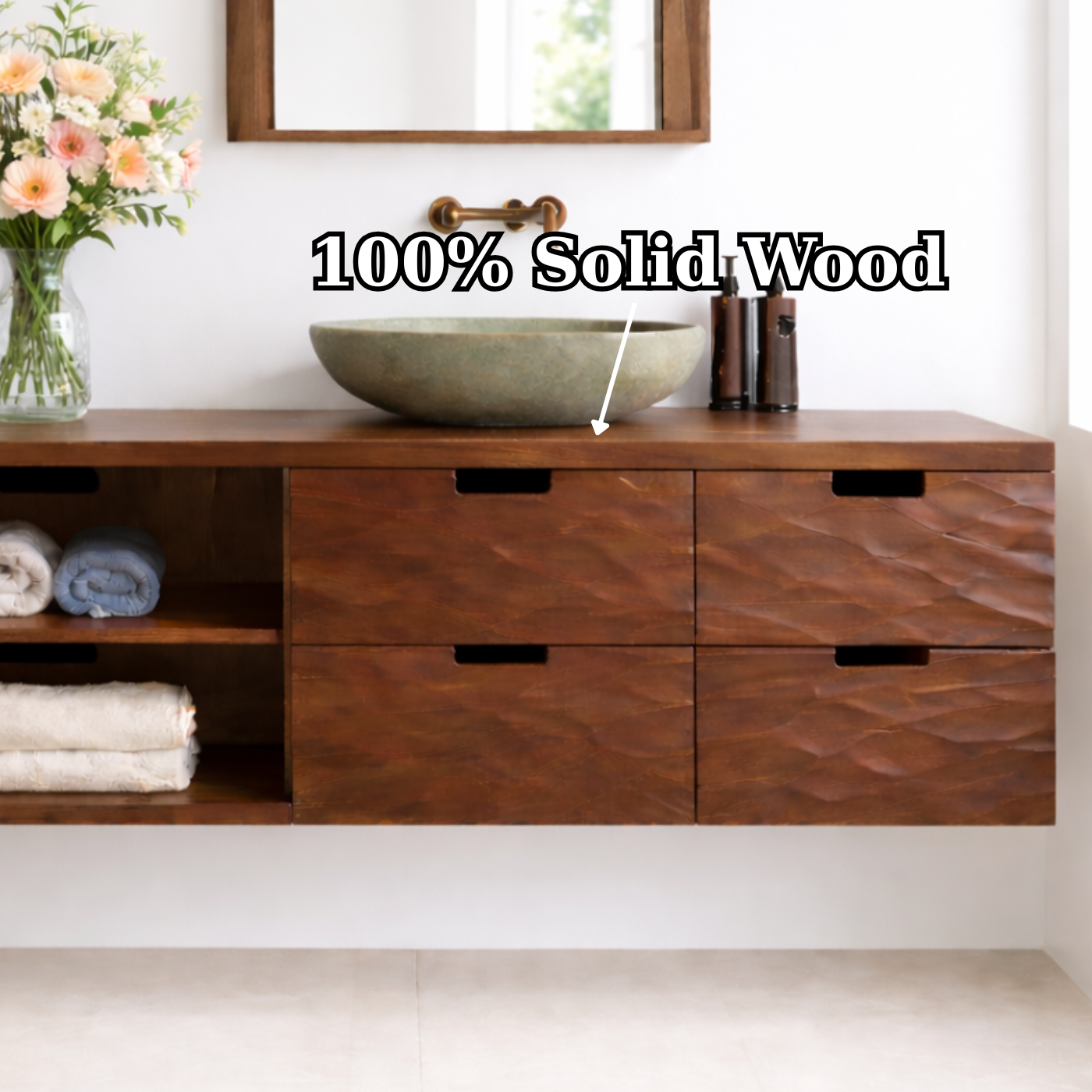 Floating Solid Wood Bathroom Vanity with Textured Drawer Fronts and Open Shelf – Modern Rustic Wall Mounted Vanity Kitchnce