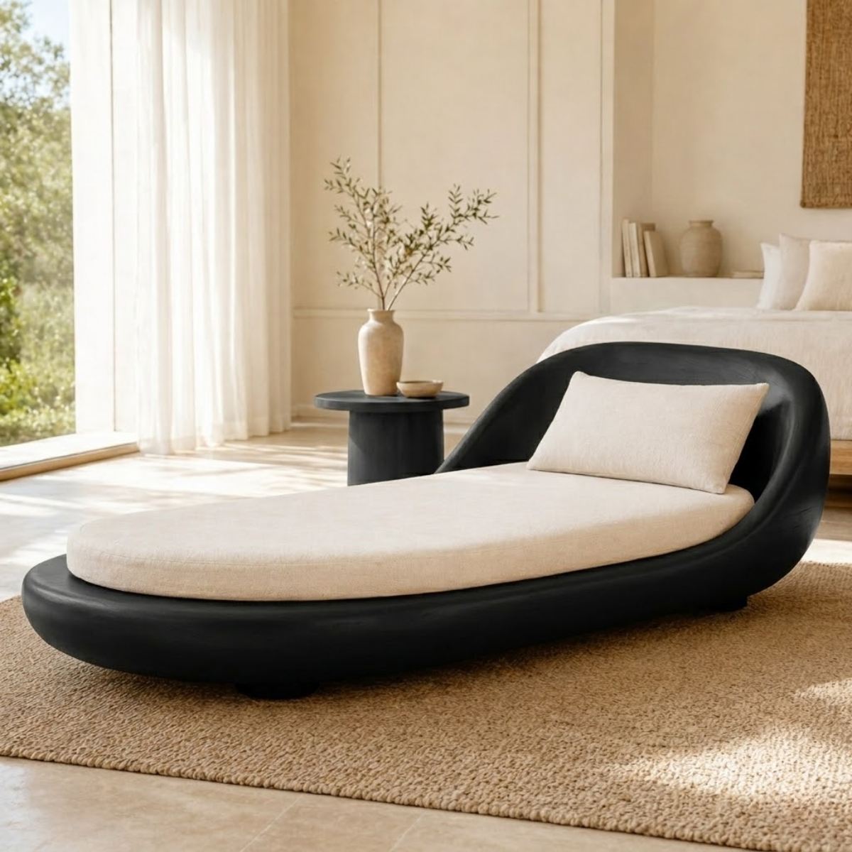 Modern Curved Chaise Lounge Sculptural Daybed with Cushion for Bedroom Decor