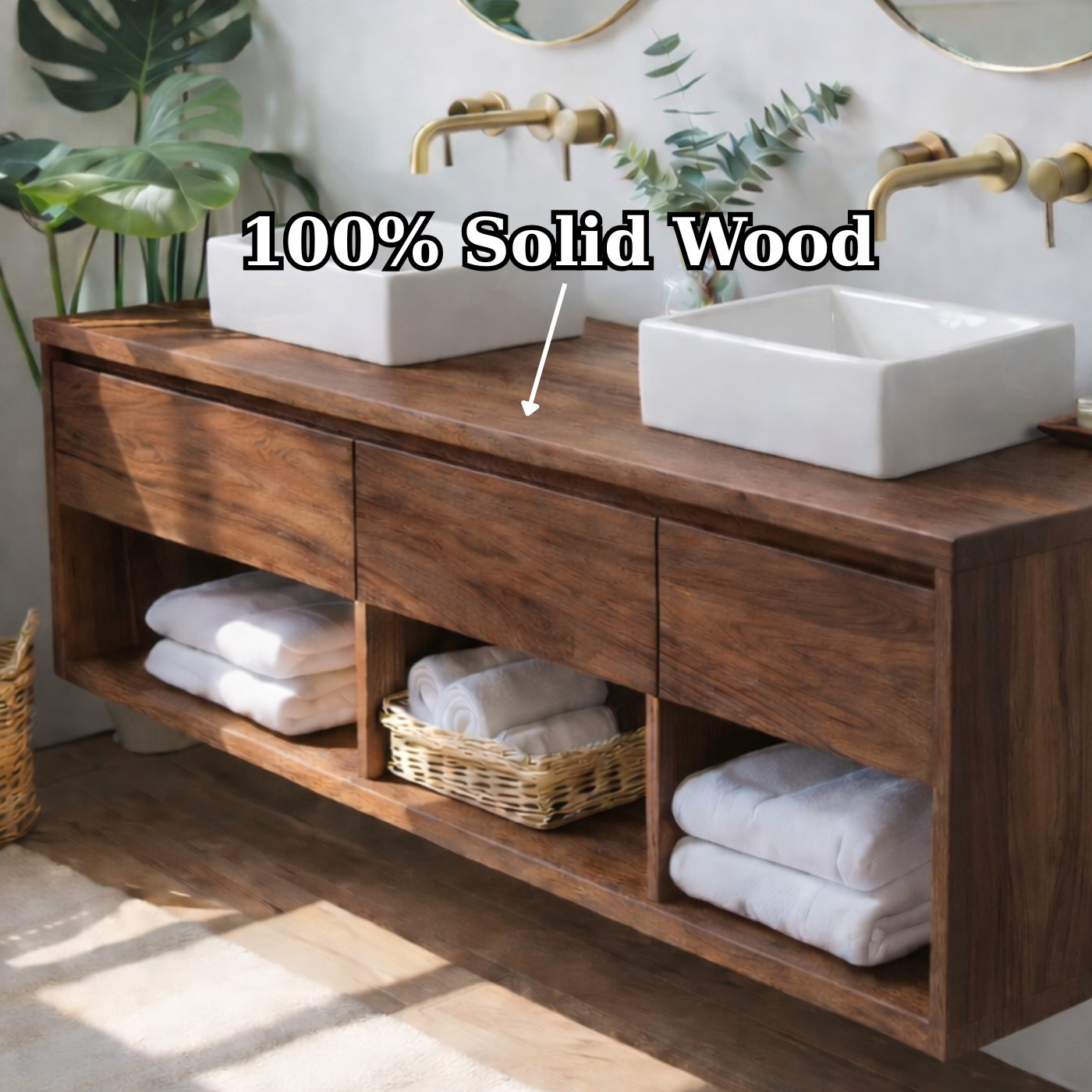 Floating Solid Wood Double Bathroom Vanity Cabinet with Open Cubby Shelves – Modern Organic Wall Mounted Design