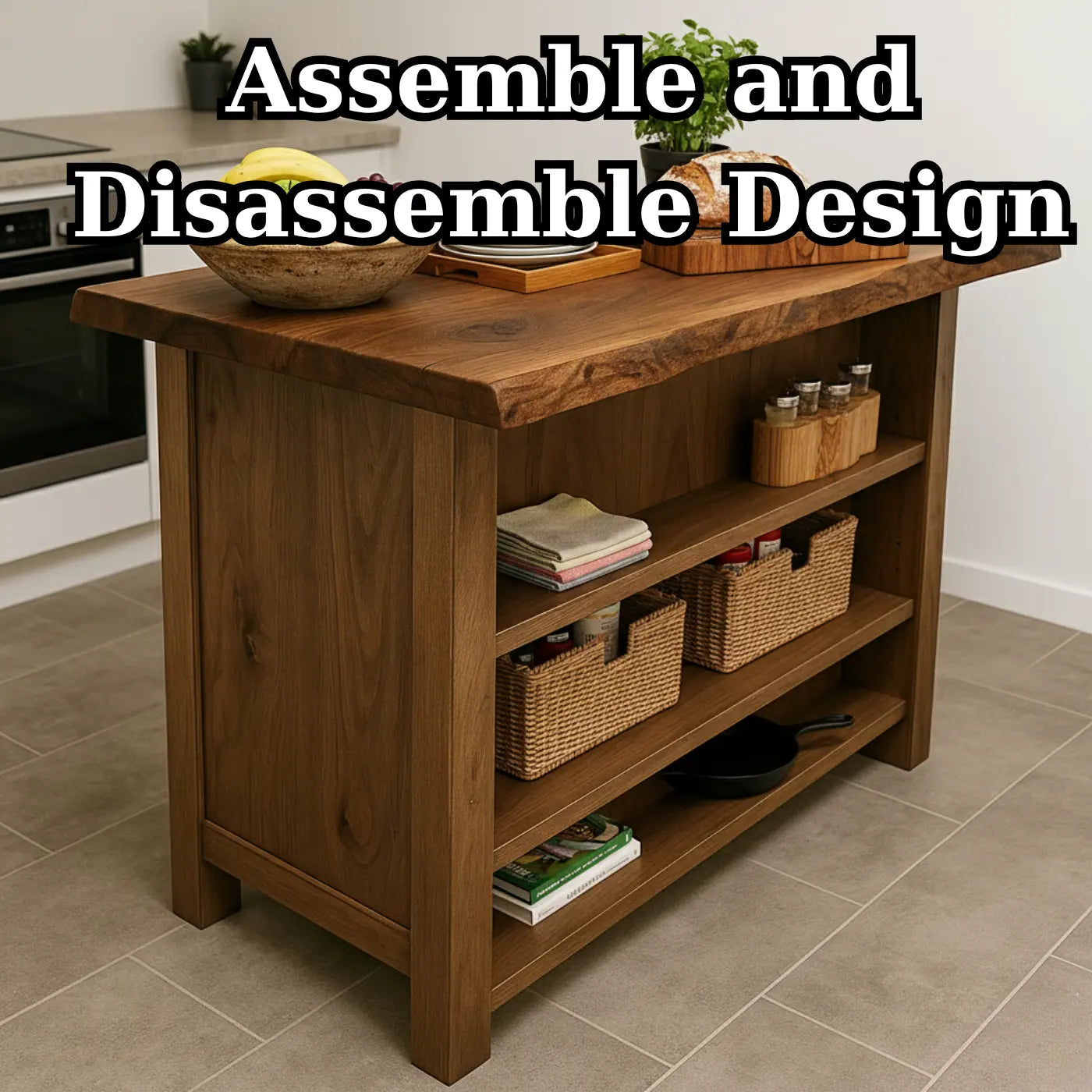 Handcrafted Solid Wood Kitchen Island - Rustic Live Edge & Open Shelves Kitchnce