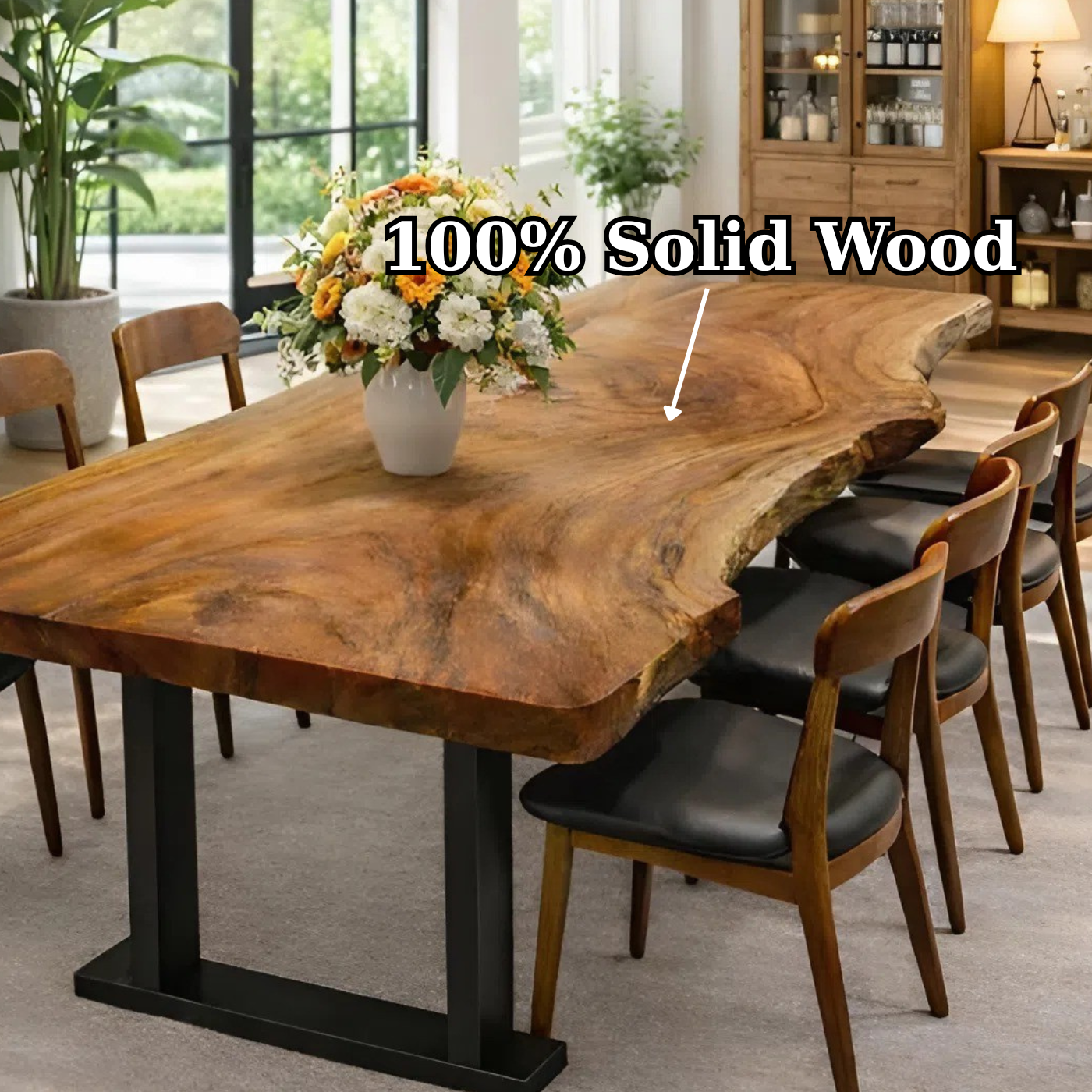 Modern Artful Live Edge Wood Dining Table with Minimal Metal Base