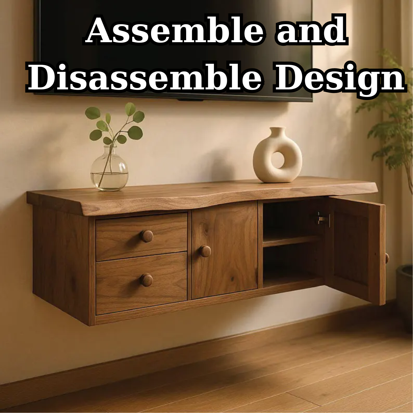 Handcrafted Solid Wood Floating TV Stand, Live Edge Media Console with Cabinet & Drawers Kitchnce