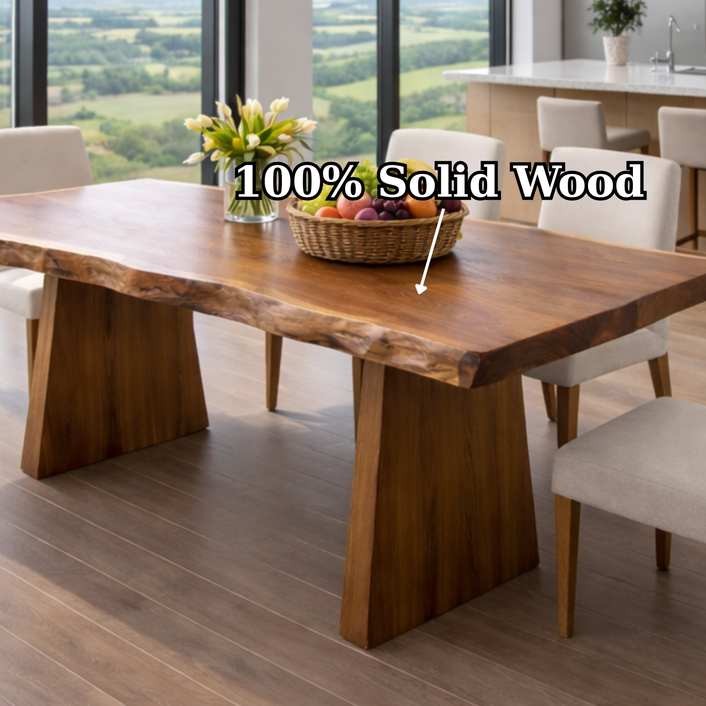 Contemporary Live Edge Solid Wood Dining Table with Architectural Base