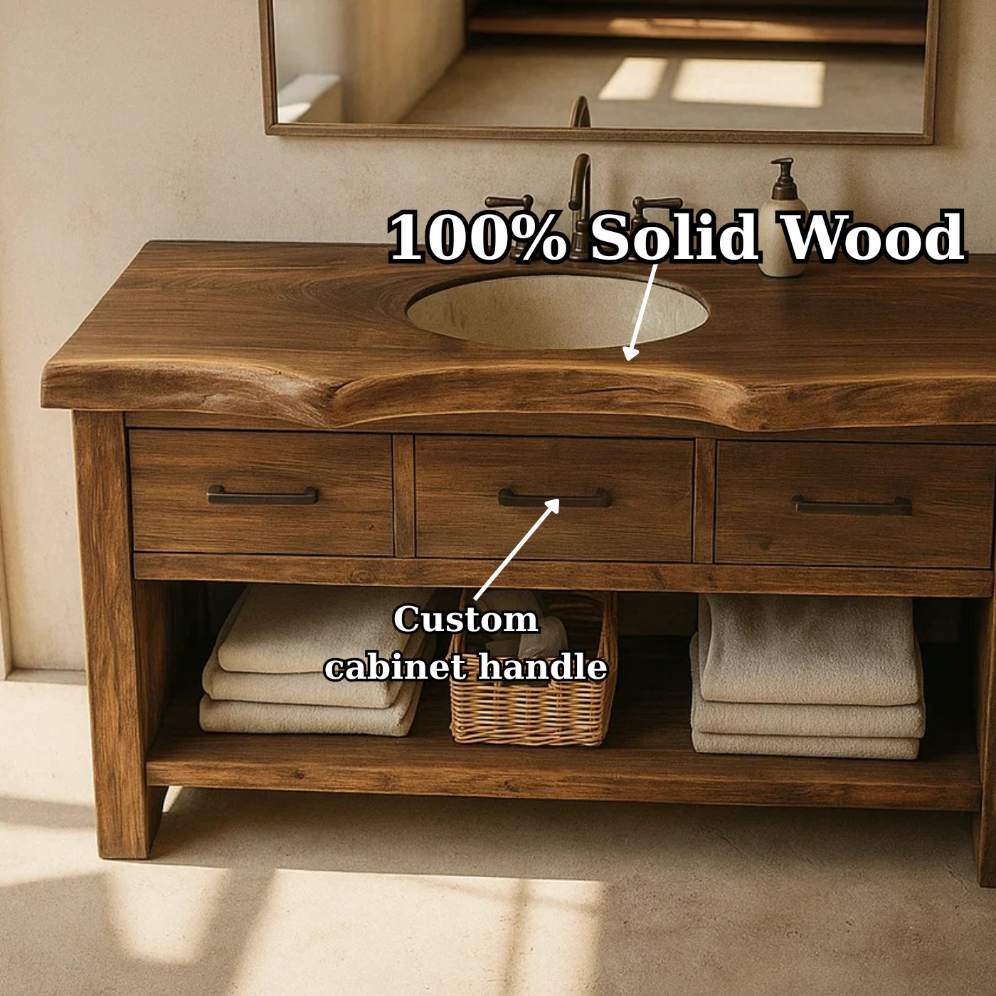 Handcrafted Solid Wood Bathroom Vanity with Live Edge Top, Triple Drawers & Open Storage Shelf Kitchnce