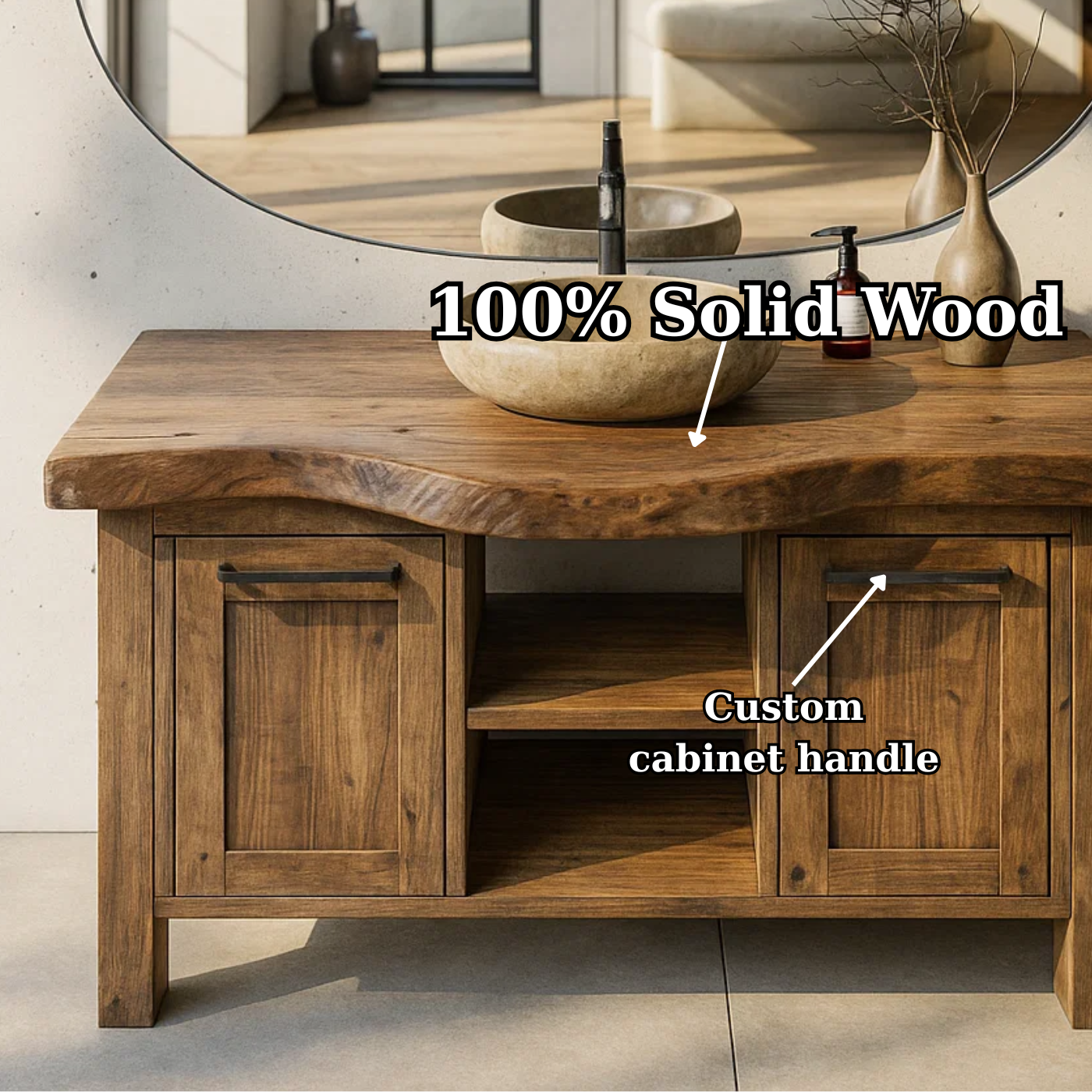 Handcrafted Solid Wood Bathroom Vanity with Live-Edge Top and Dual Side Cabinets Kitchnce