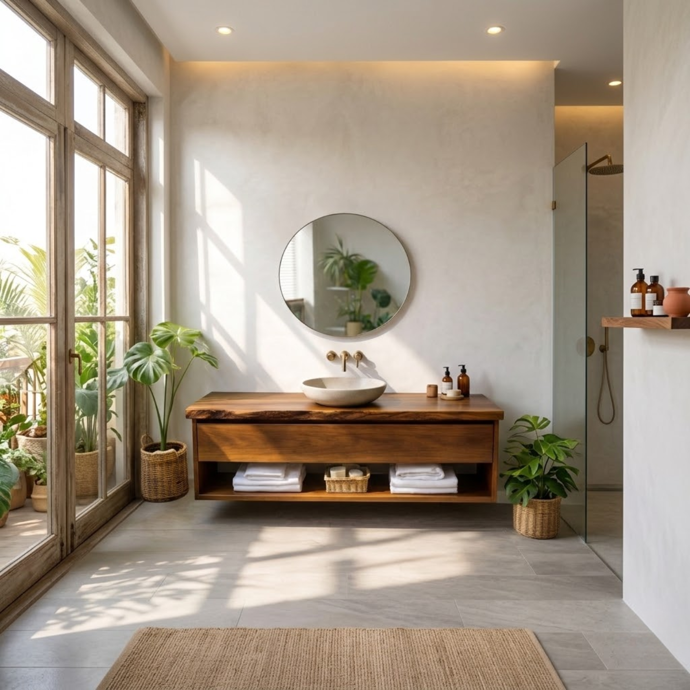 Floating Solid Wood Bathroom Vanity with Drawer and Open Shelf, Wall Mounted Wood Vanity
