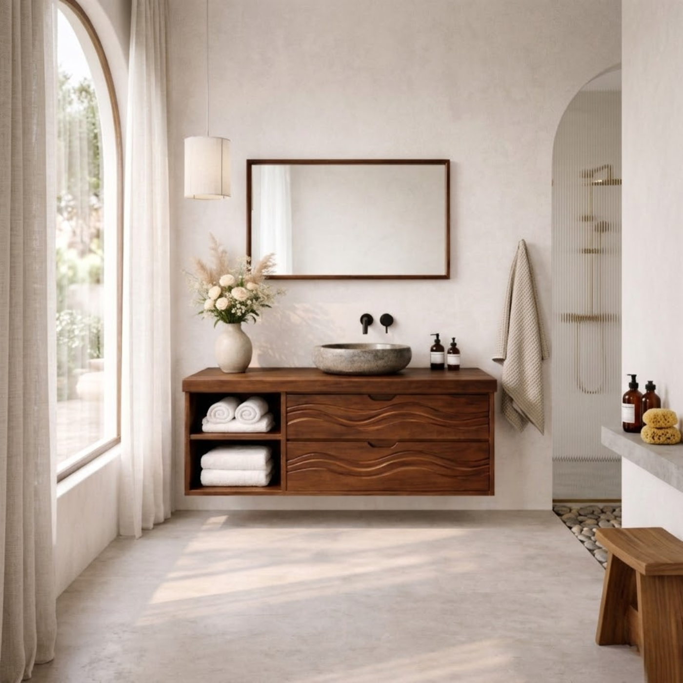 Floating Solid Wood Bathroom Vanity with Wave Drawer Front, Wall Mounted Wood Vanity with Open Shelf