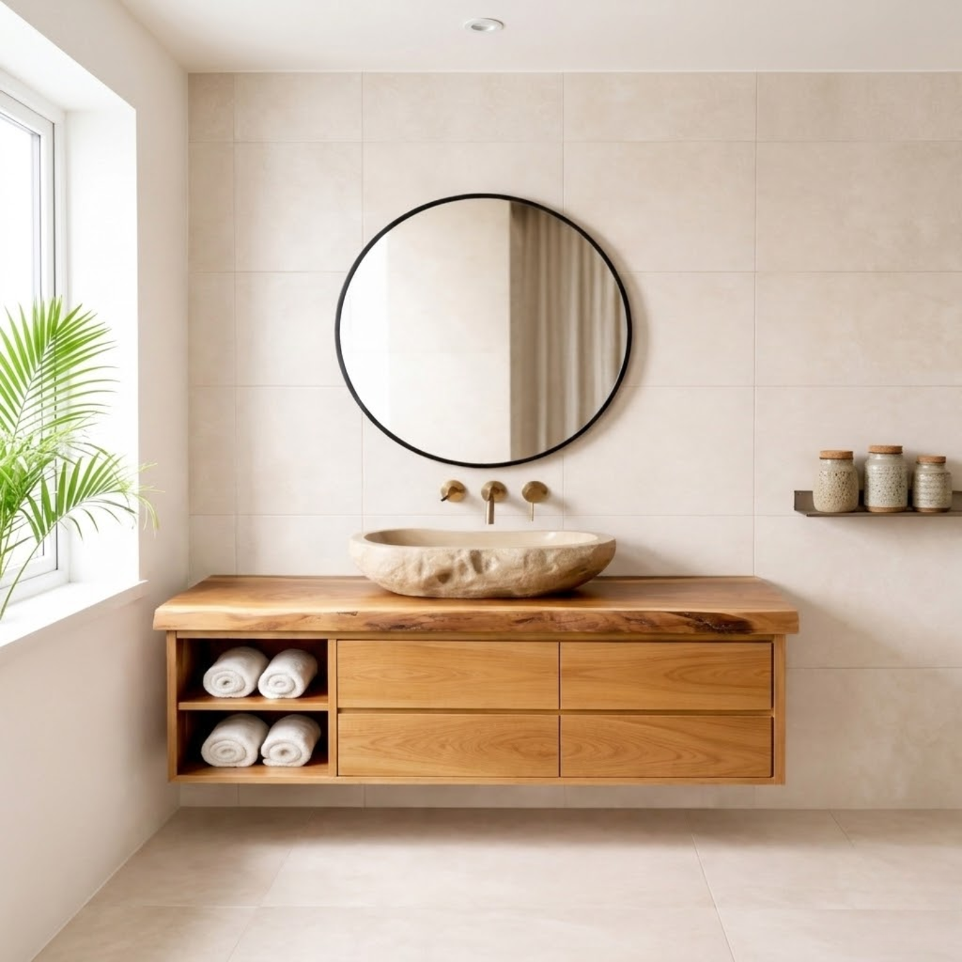 Floating Solid Wood Bathroom Vanity with Live Edge Countertop, Drawers and Open Storage