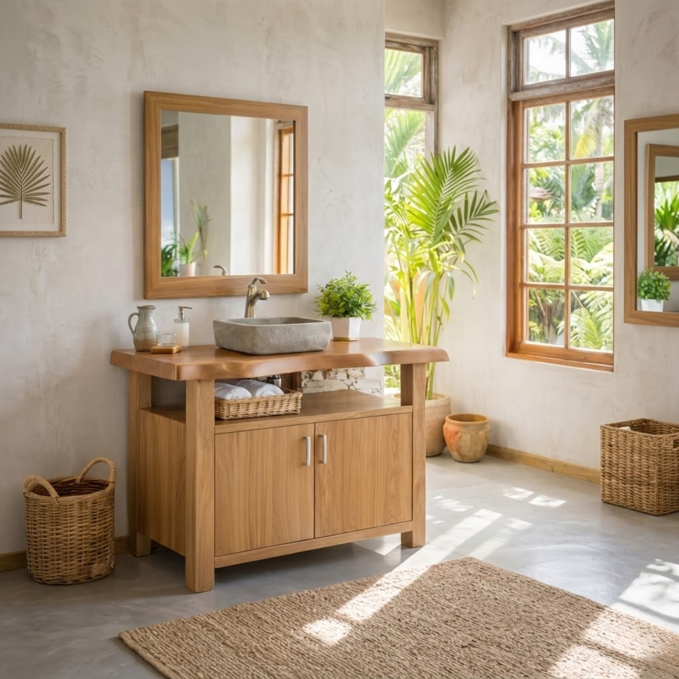 Solid Wood Bathroom Vanity Cabinet with Open Shelf Storage