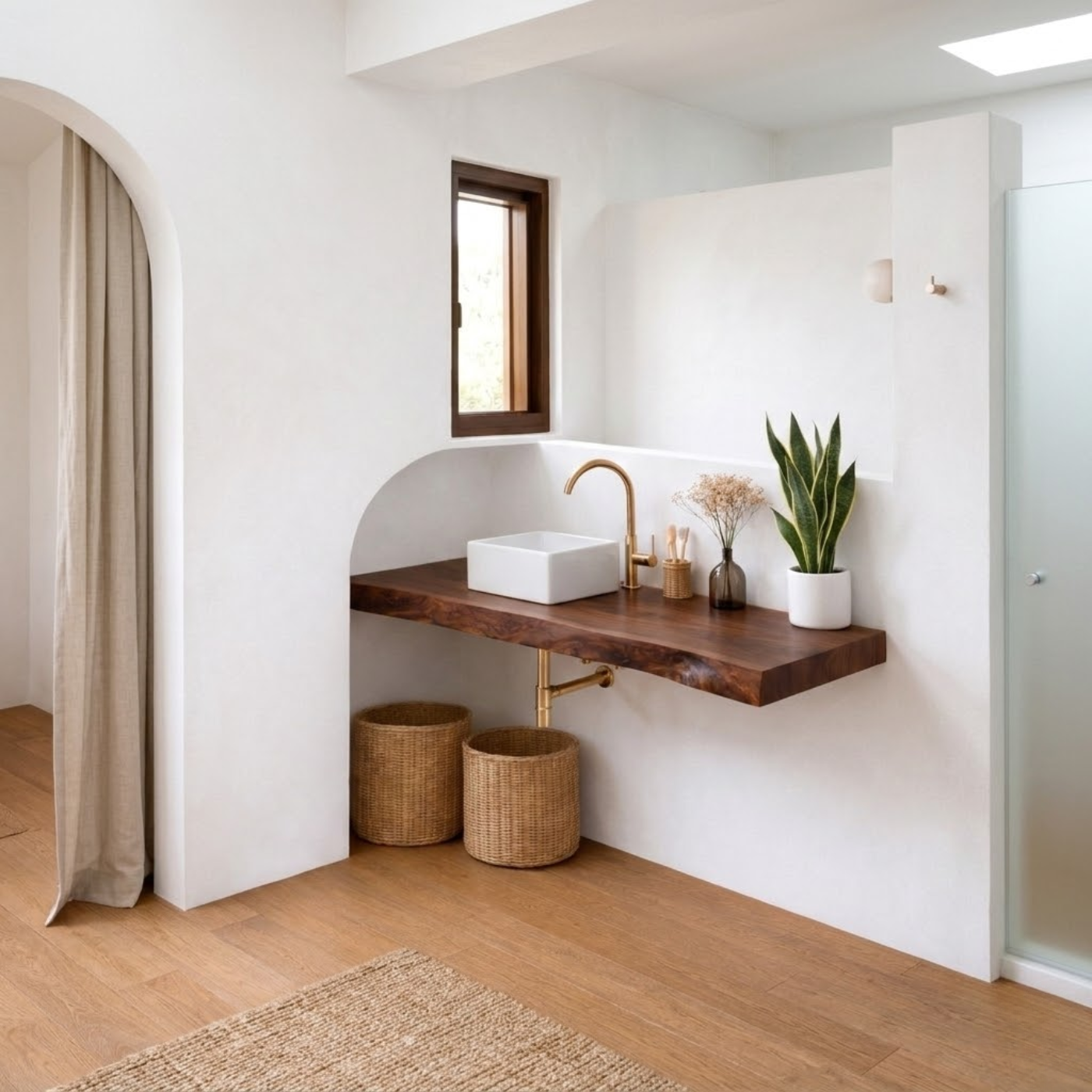 Floating Solid Wood Bathroom Vanity with Live Edge Top and Vessel Sink – Wall Mounted Vanity