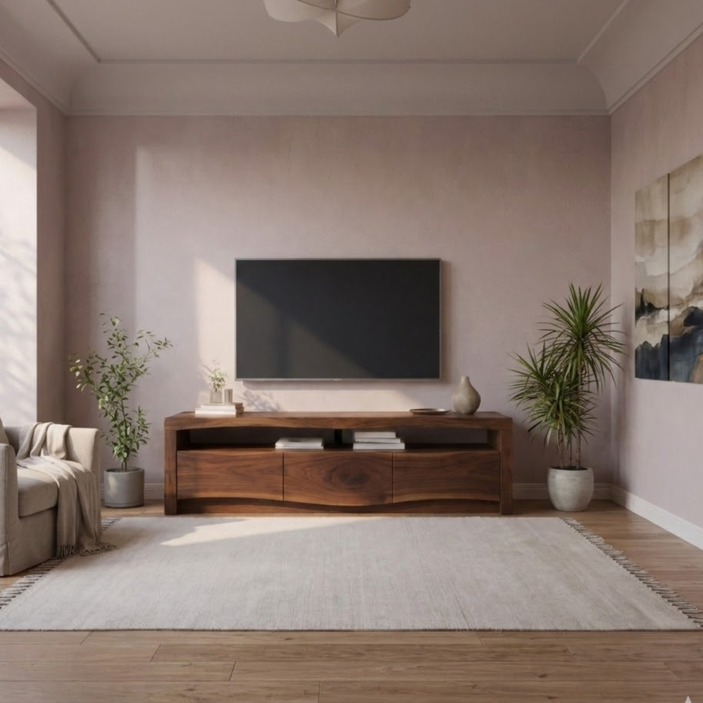 Modern Solid Wood TV Stand with Live Edge Top – Walnut Media Console Cabinet