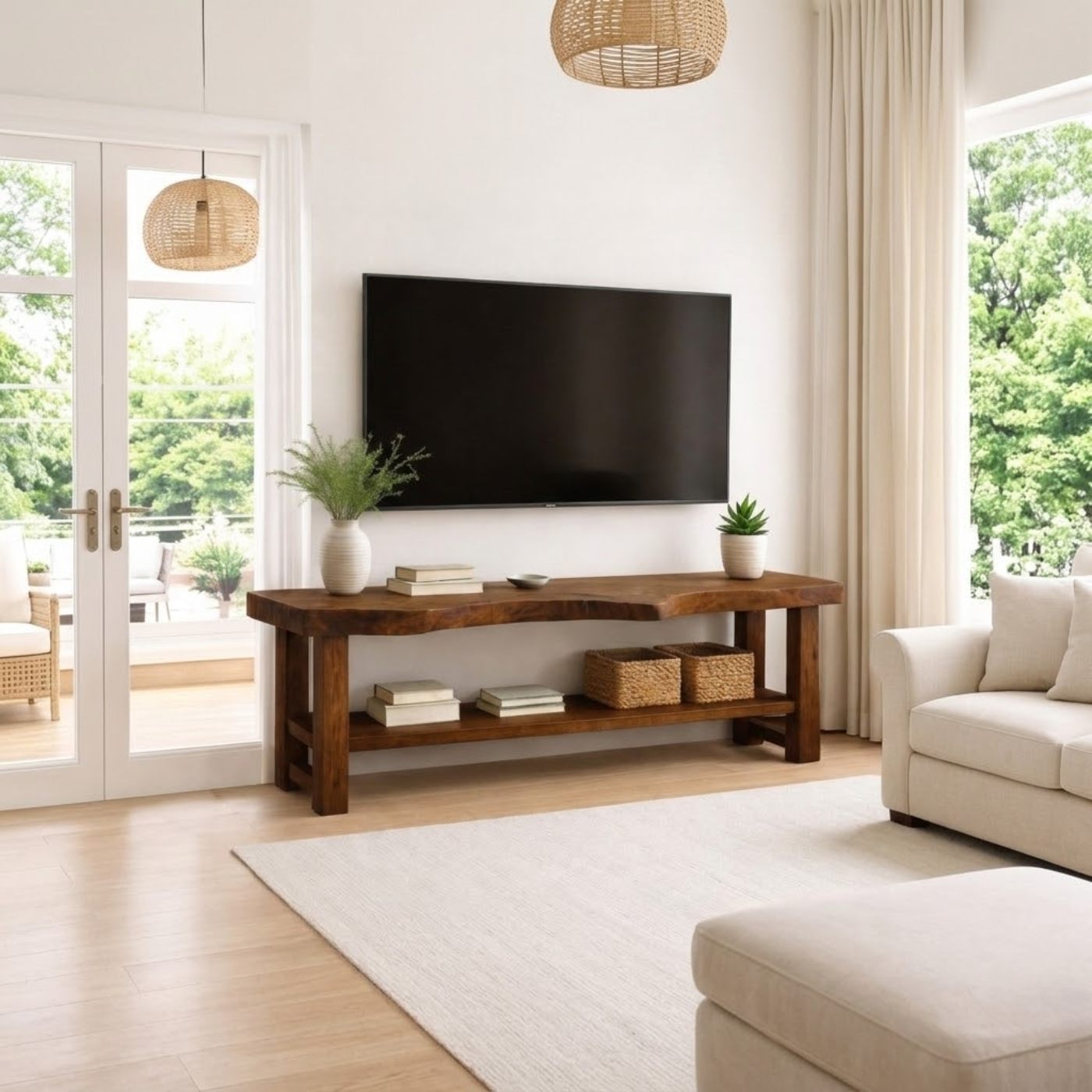 Live Edge Solid Wood TV Stand with Shelf – Rustic Walnut Media Console Table