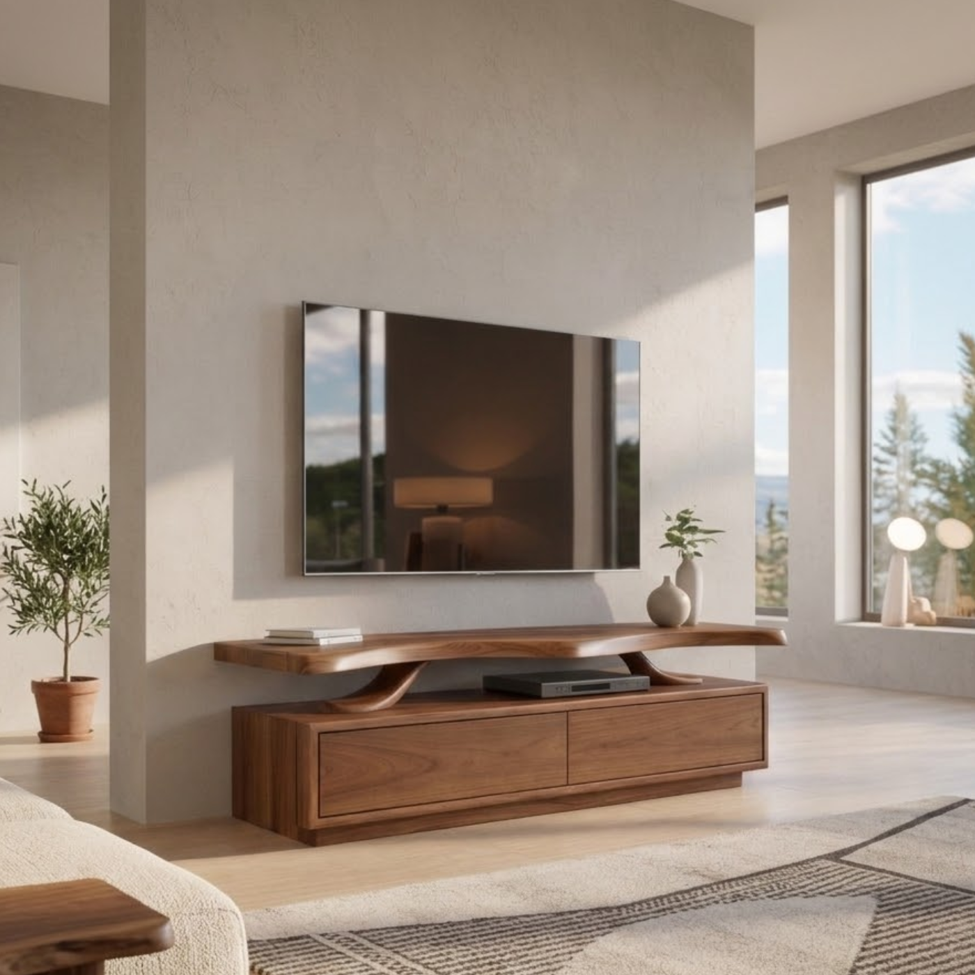 Live Edge Walnut Wood TV Stand with Drawers – Rustic Style Media Console