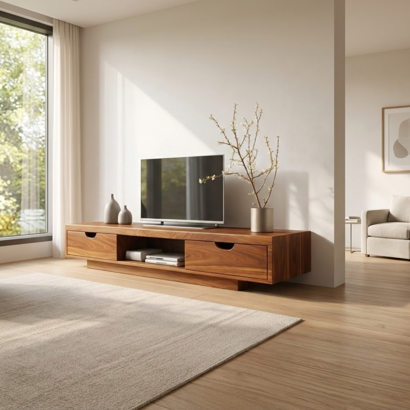 Walnut Wood TV Stand with Drawers – Modern Solid Wood Media Console Cabinet