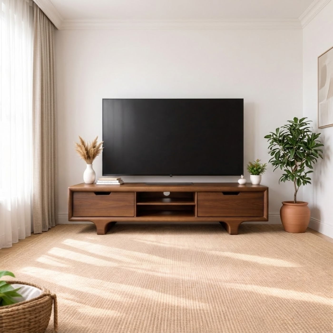 Mid Century Walnut Wood TV Stand with Drawers – Solid Wood Media Console Cabinet