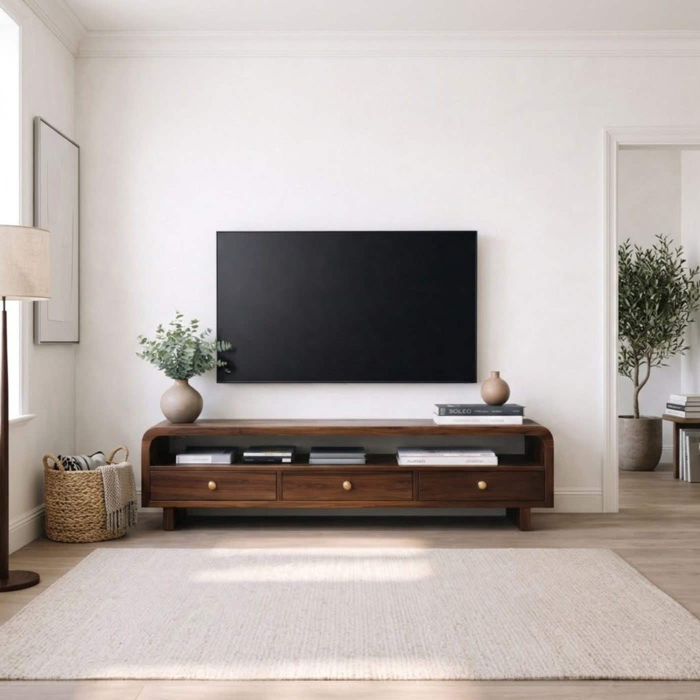 Mid Century Walnut TV Stand with Drawers – Solid Wood Media Console Cabinet