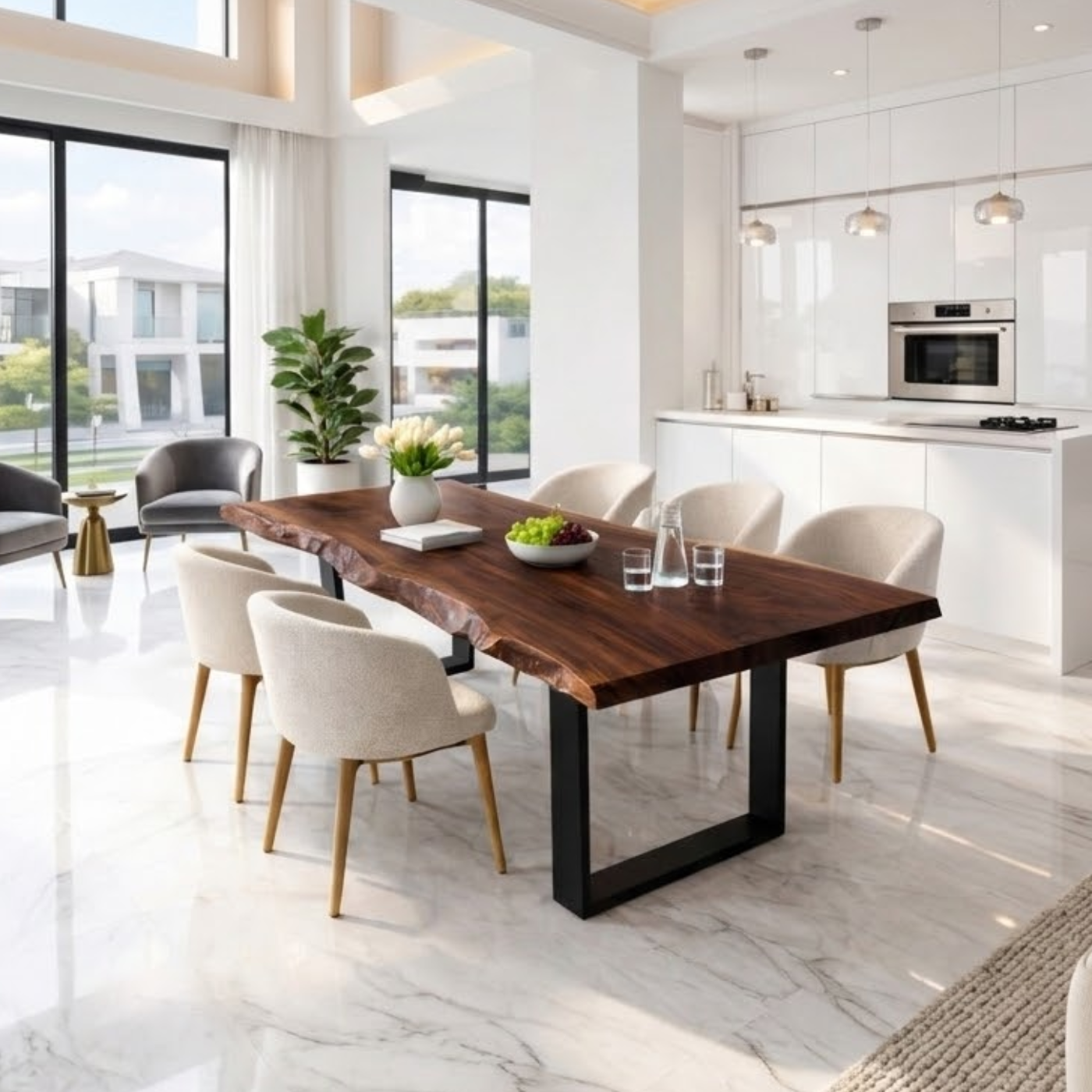 Live Edge Walnut Dining Table with Black Metal U-Shape Legs