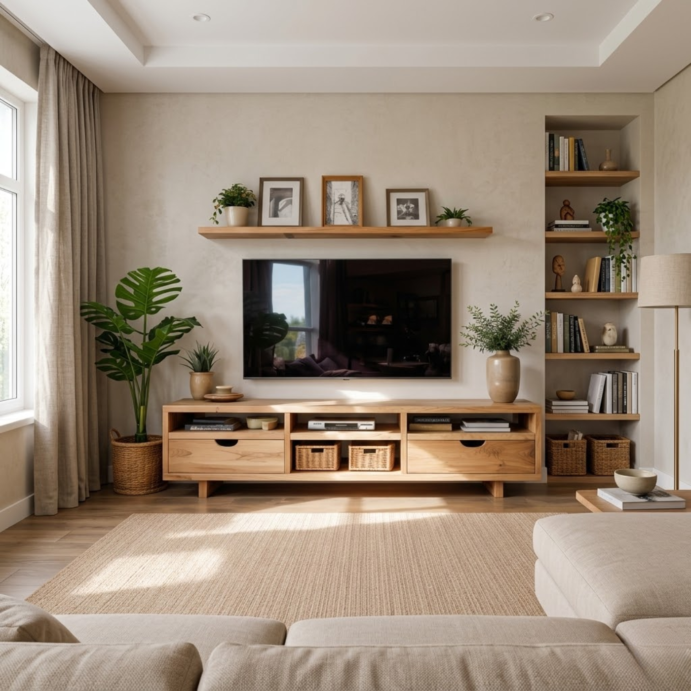 Modern Solid Wood TV Stand with Open Storage and Minimalist Drawers