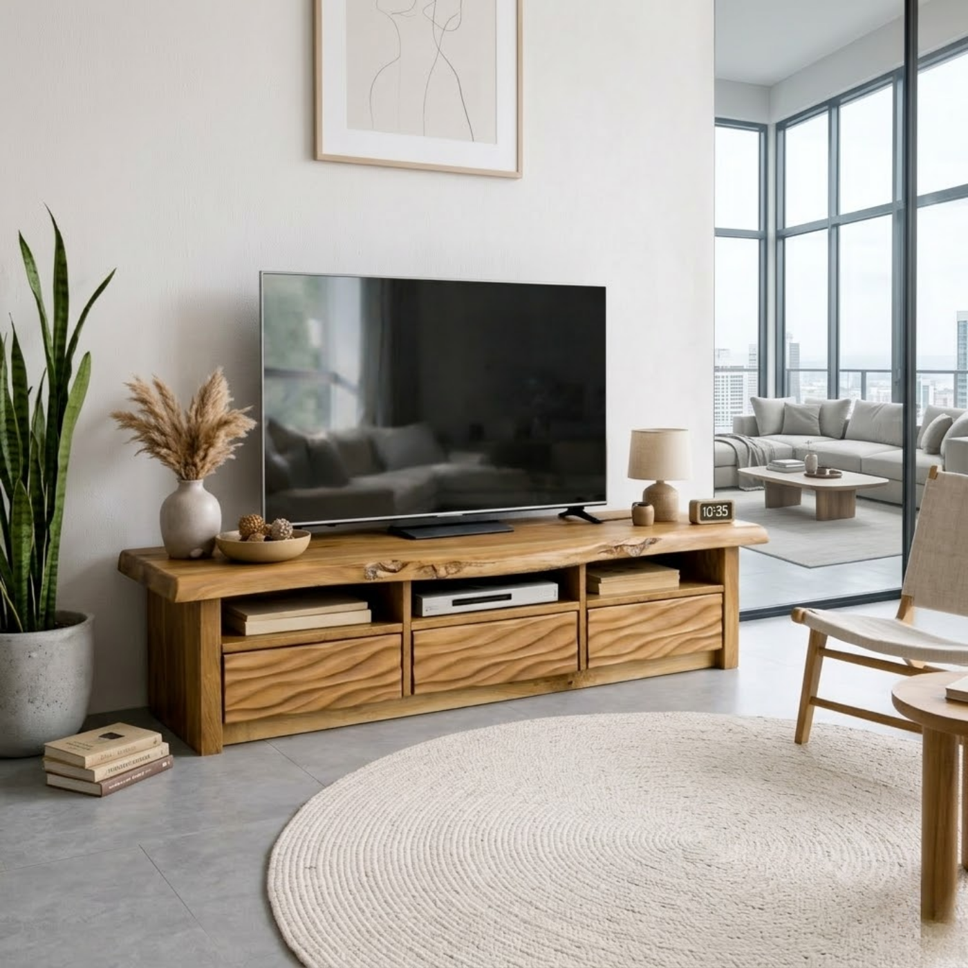 Natural Solid Oak TV Stand with Wavy Drawer Fronts, Rustic Media Console for Living Room